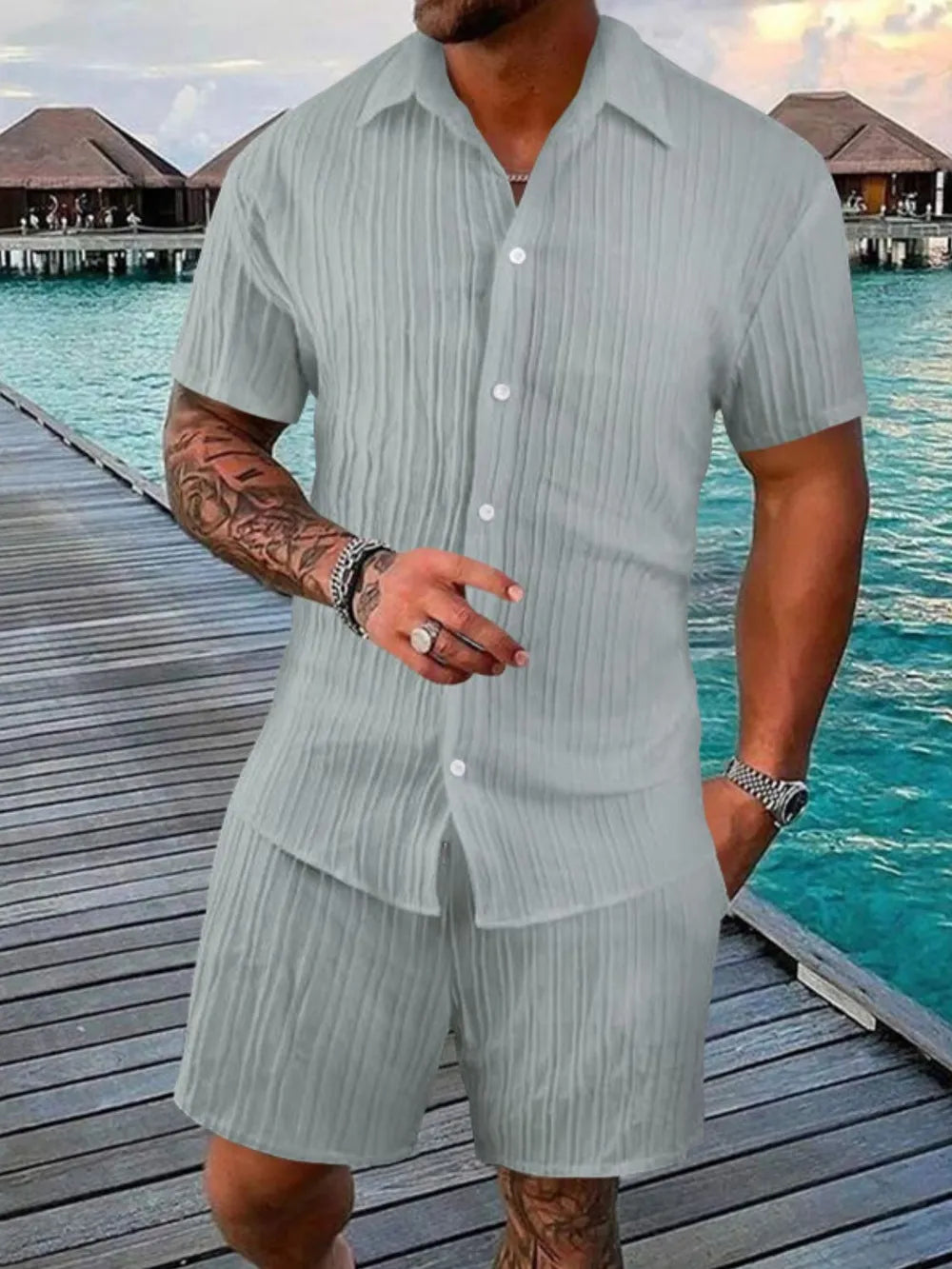 men's full size button down short sleeve shirt and shorts set plus size styled as men’s set