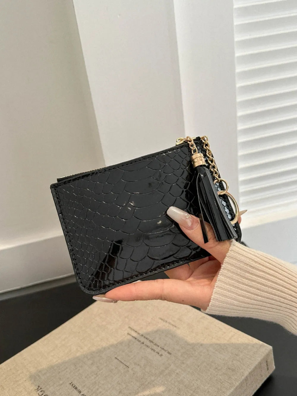 PU Leather Tassel Trim Card Case Black One Size