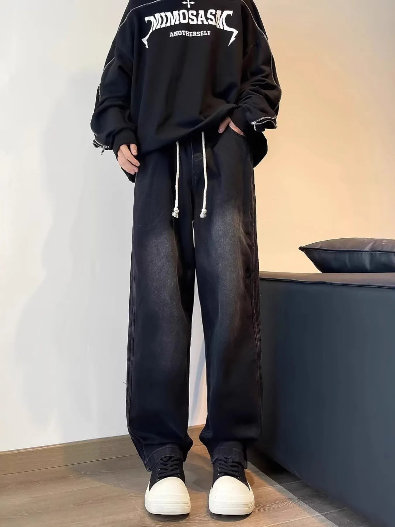 men's men's full size vintage wash wide leg jeans plus size - additional image