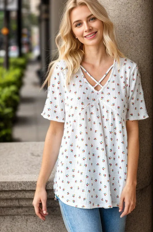 Heimish Full Size Crisscross Ditsy Floral Babydoll Top Plus Size Floral