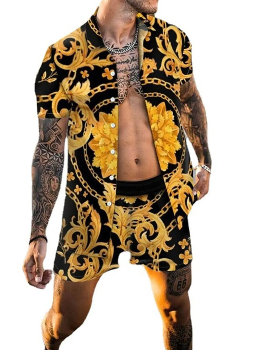 tropical inspired gold outfit for men – bold summer look