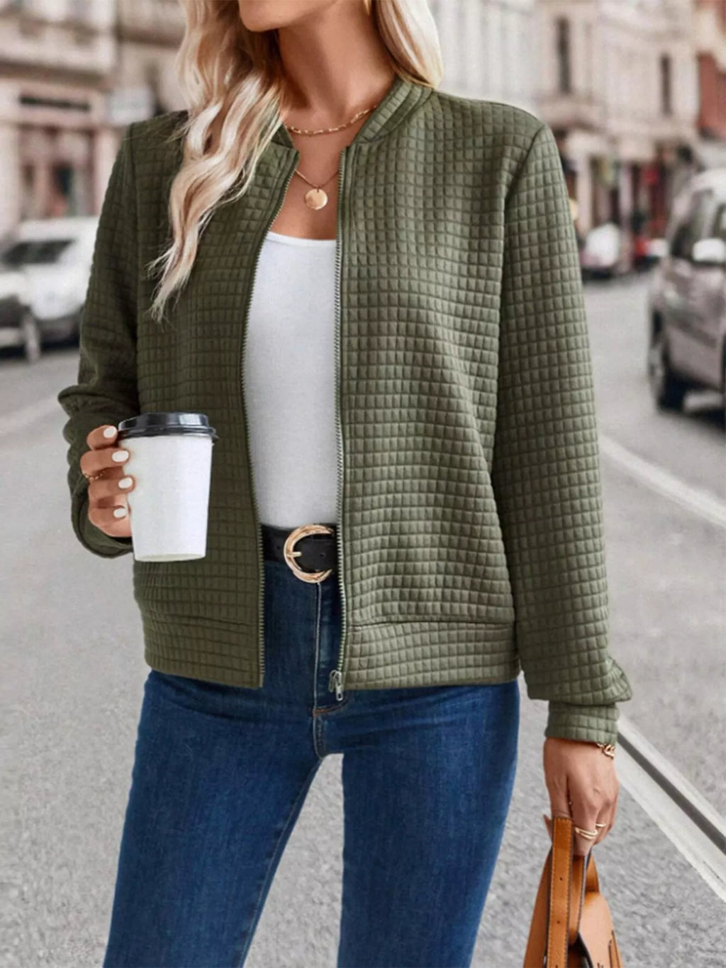 women's textured zip-up long sleeve jacket - styling option