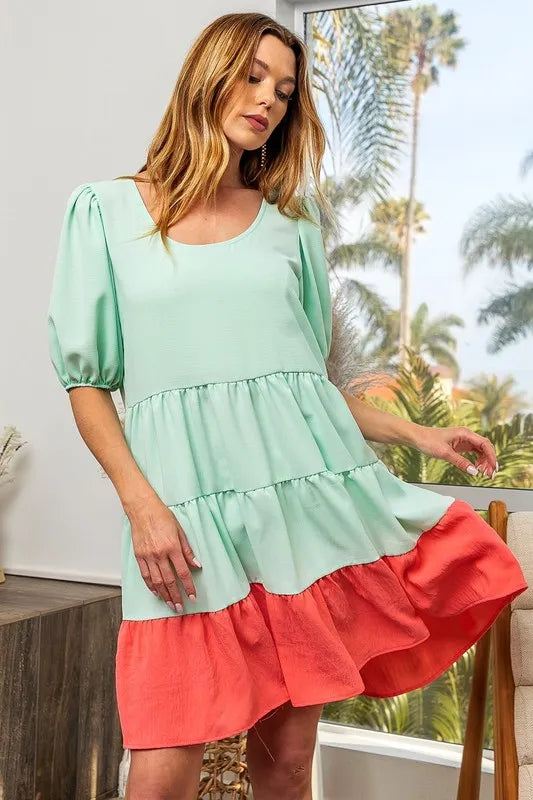 women's bibi two-tone balloon sleeves u neck tiered ruffle hem mini dress - lifestyle shot