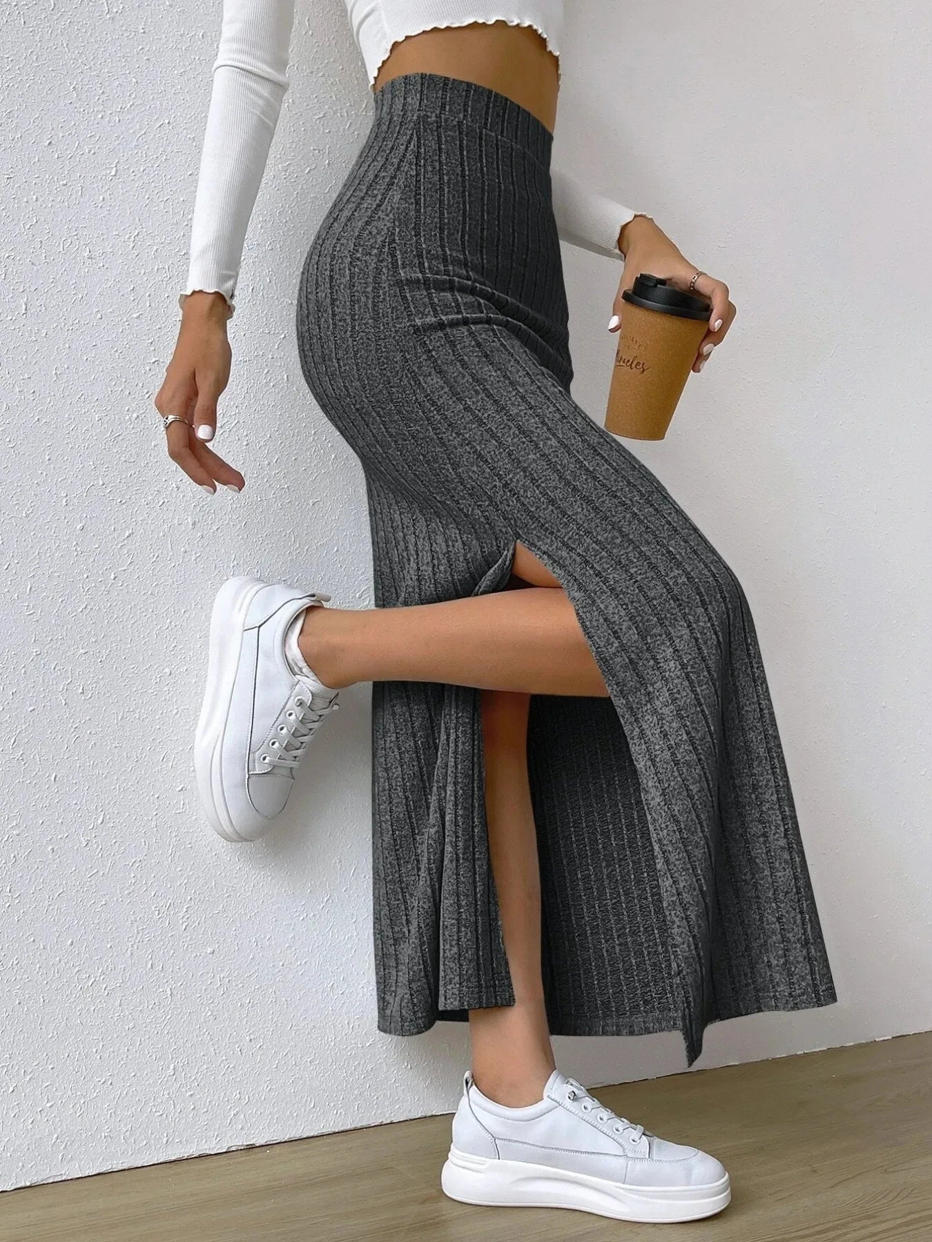 High Waist Ribbed Knit Maxi Skirt Dark Gray