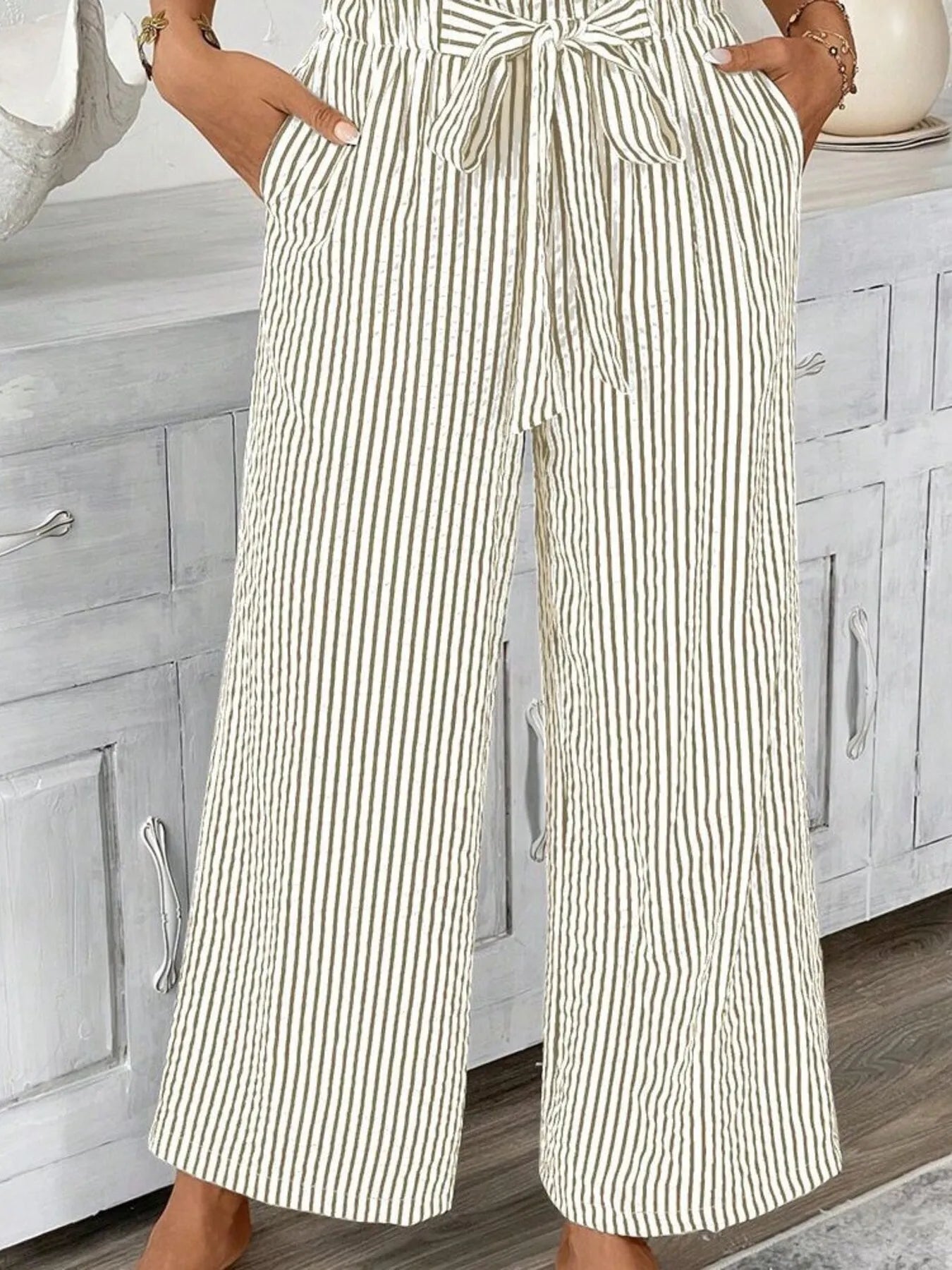 Full Size Striped Wide Leg Paper Bag Pants Plus Size Khaki