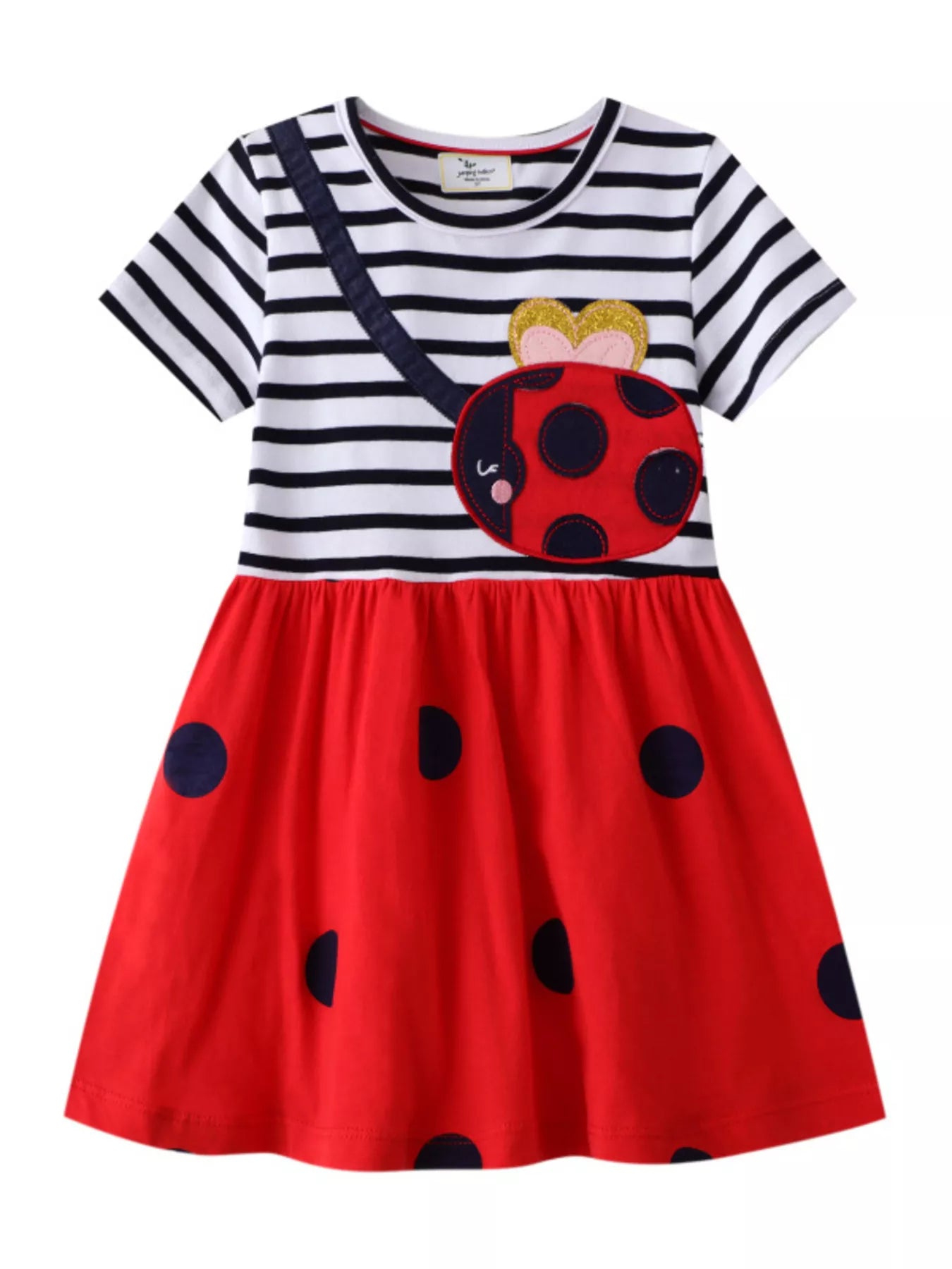 women's children's ladybug applique striped casual dress - front view