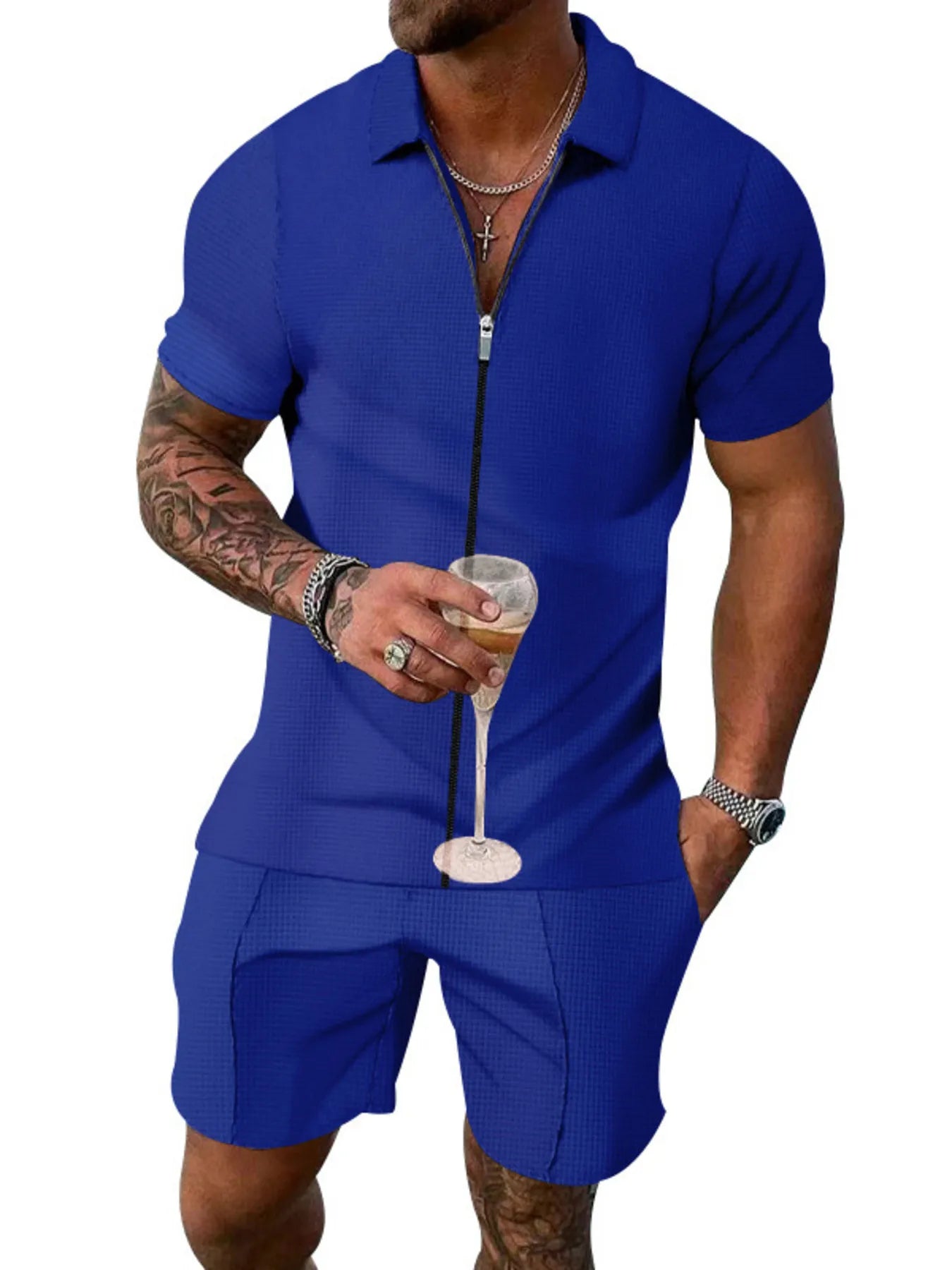 men's men's plus size zip up short sleeve top and shorts set - styled view