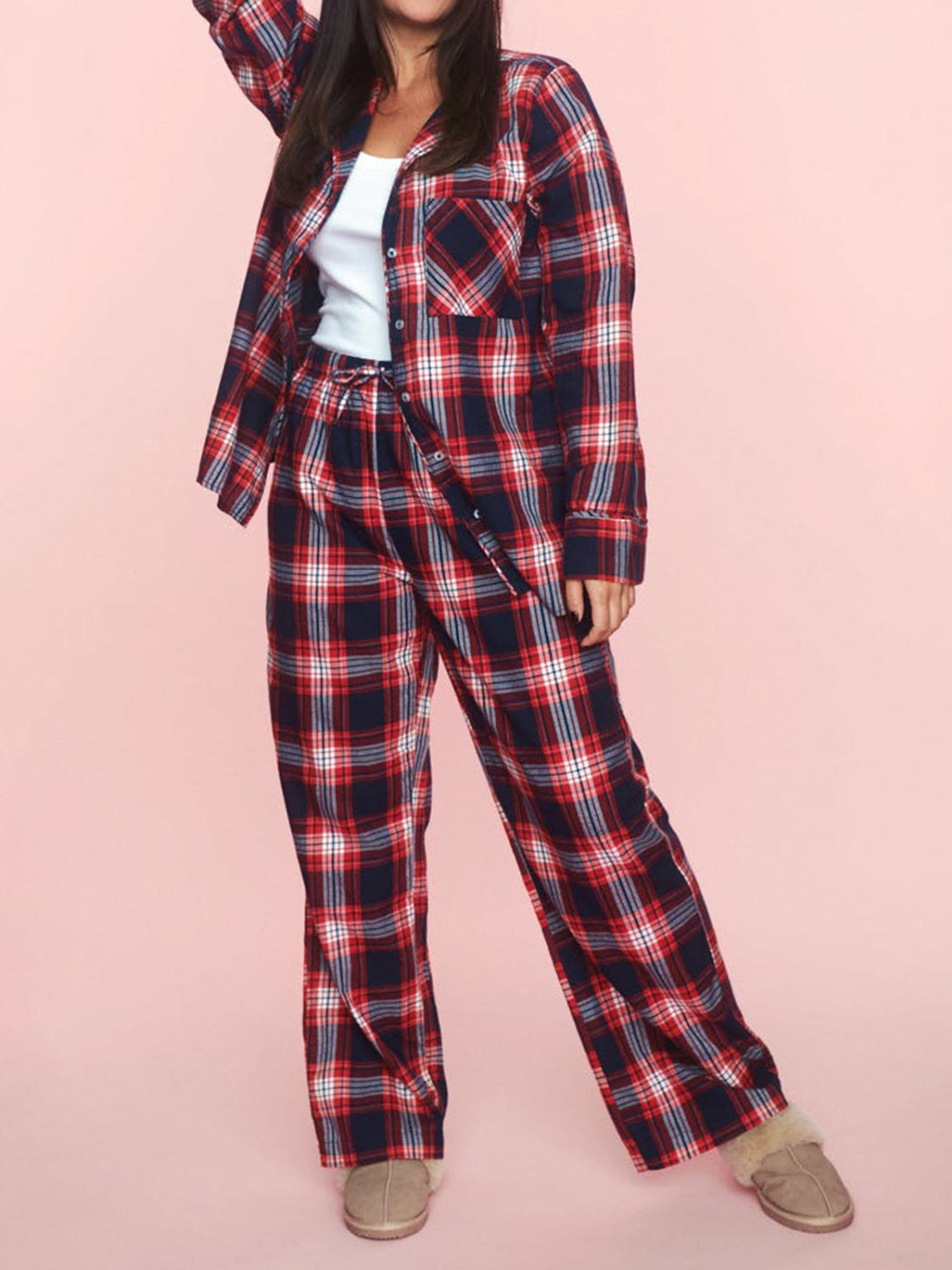 Plaid Collared Neck Button Up Top and Pants Lounge Set