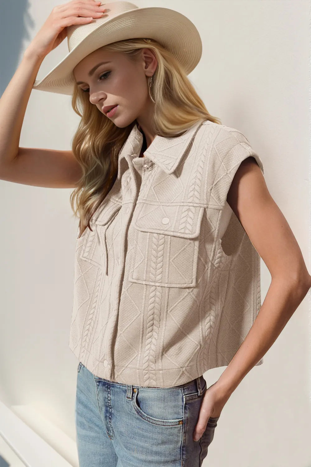 Double Take Snap Down Texture Crop Vest Dust Storm