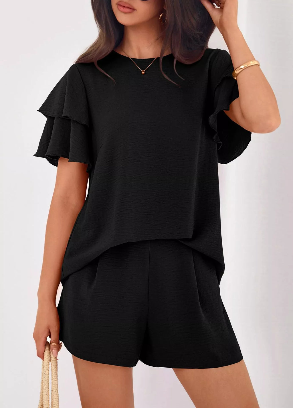women's ruffle sleeve top and shorts two-piece set - styling option