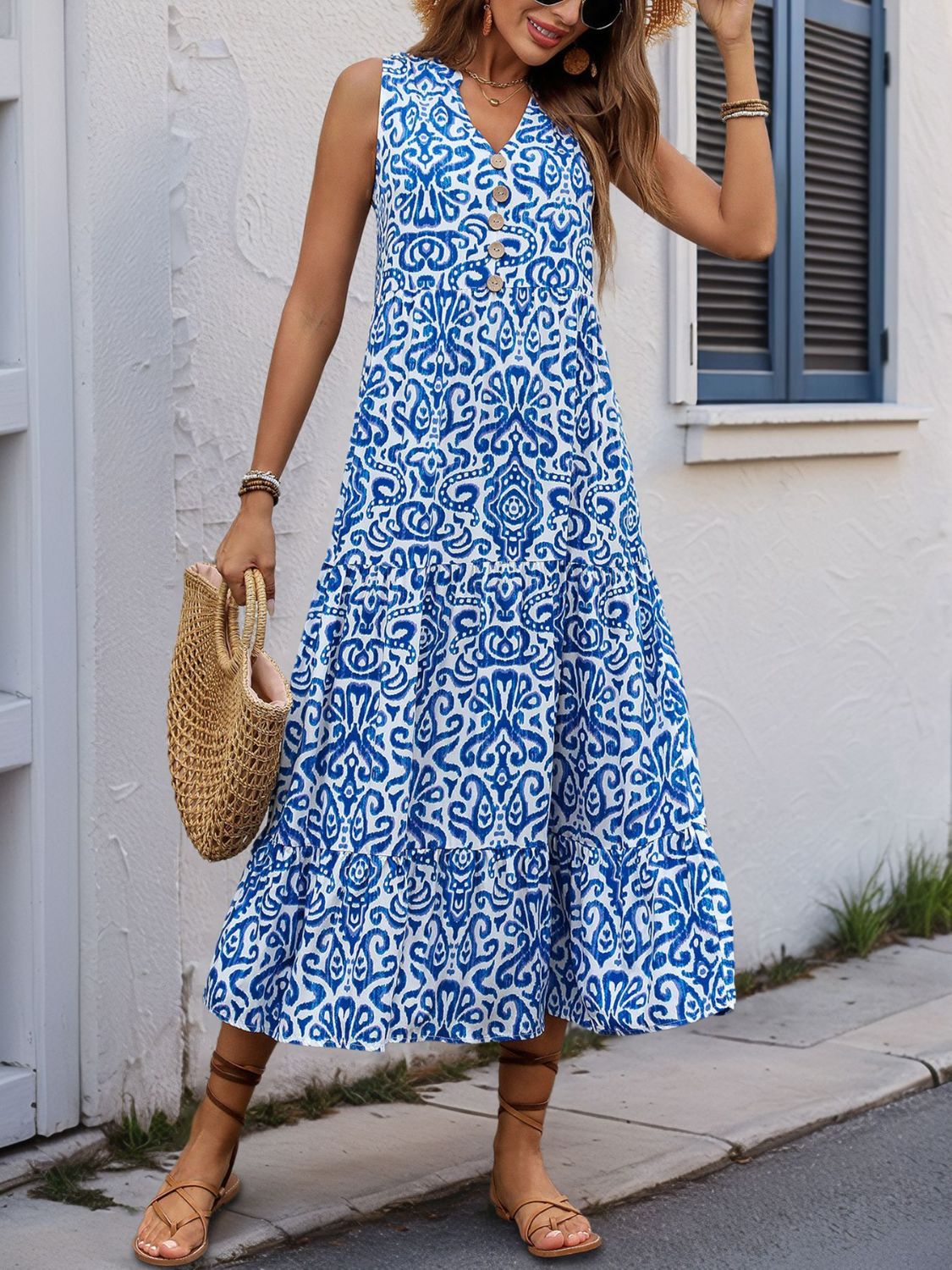 Perfee Decorative Button Printed Notched Sleeveless Midi Dress Blue