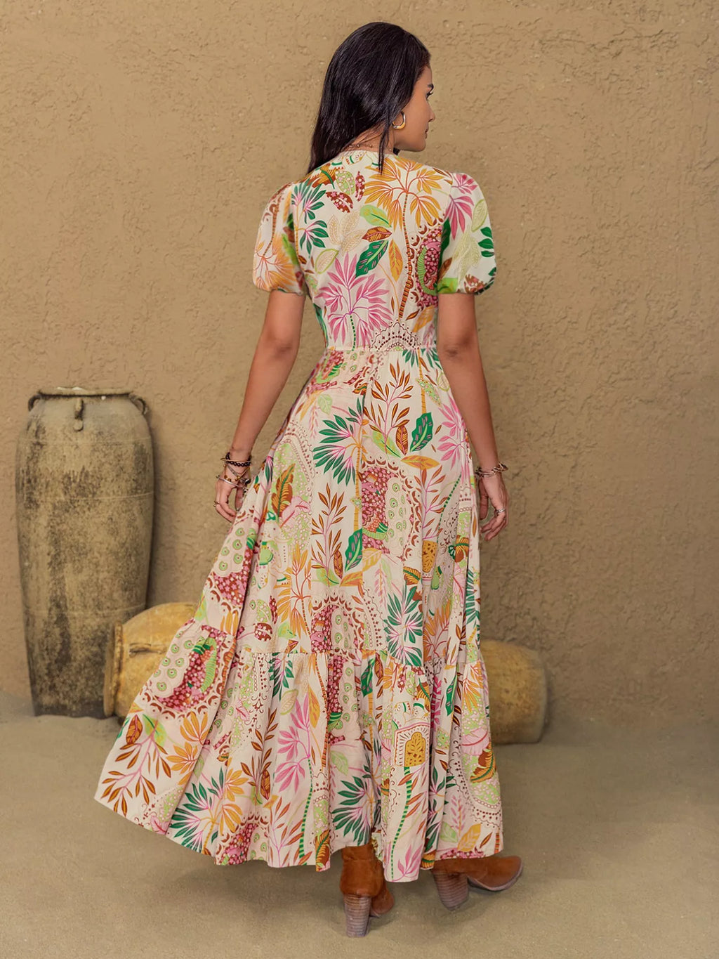 women's lace trim floral print puff sleeve dress - extra view