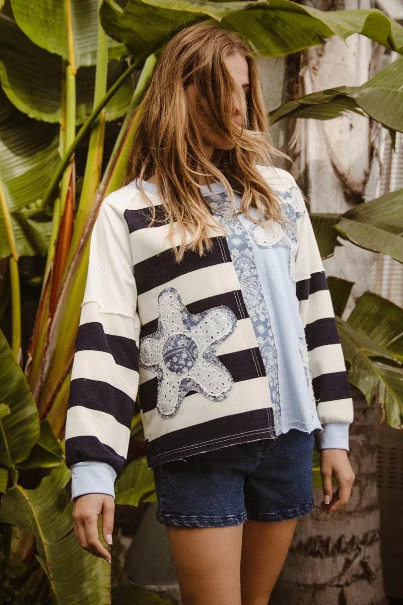 women's bibi patchwork striped round neck sweatshirt - product detail