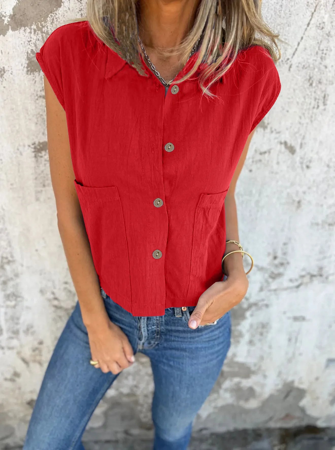 Full Size Button Down Cap Sleeve Linen Shirt Plus Size Red