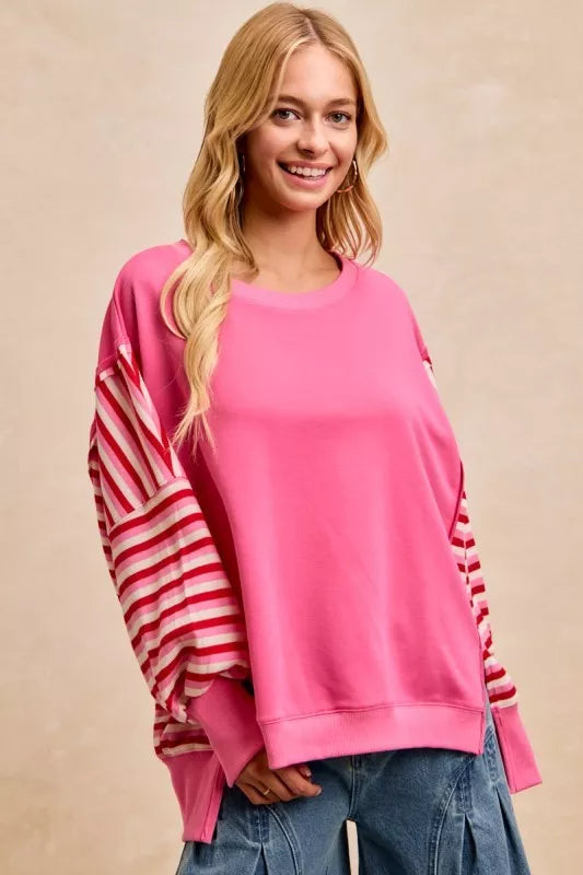 women's bibi french terry stripe combo sweatshirt with open seam - product showcase