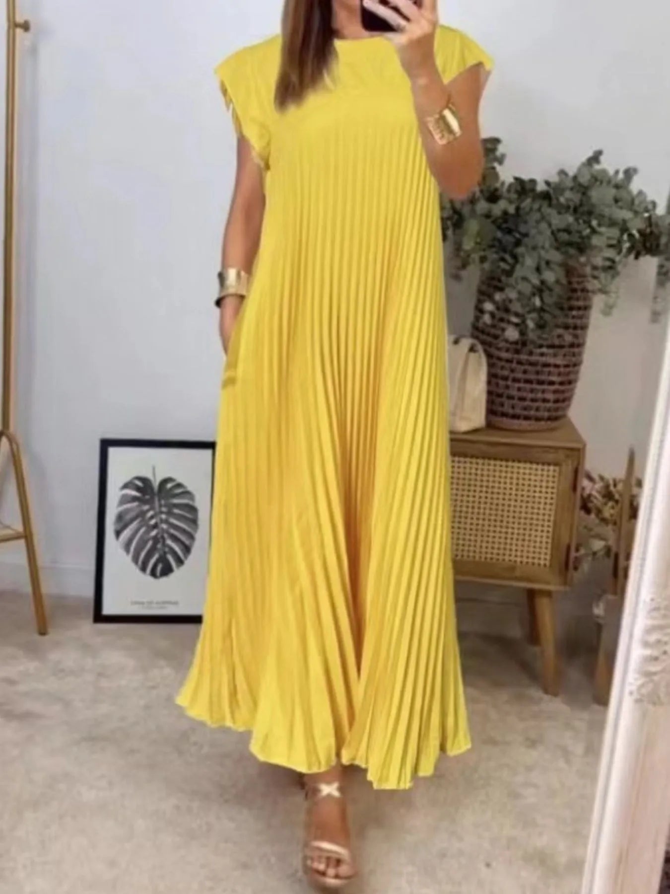 Full Size Pleated Round Neck Maxi Dress Plus Size Yellow