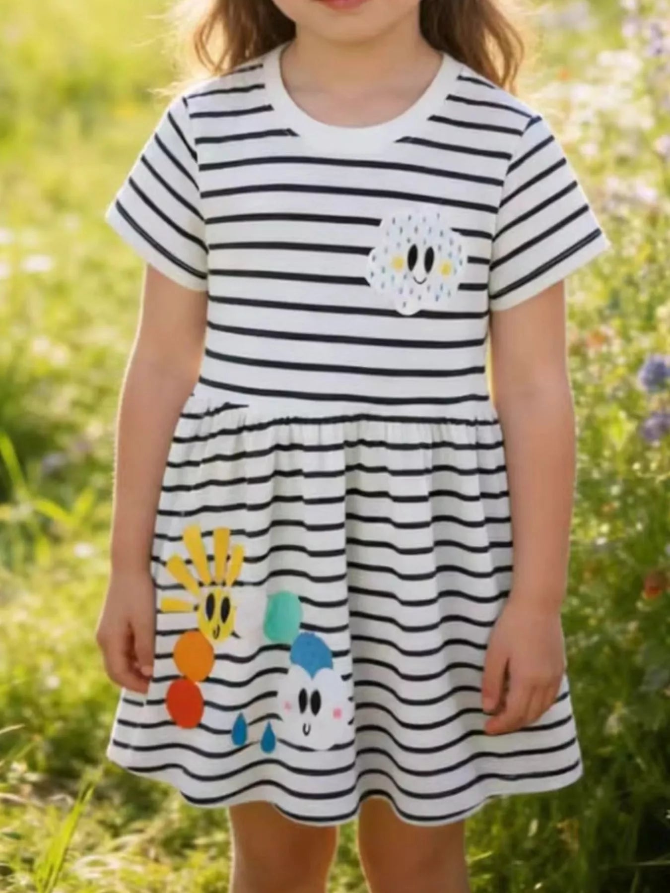 women's children's cute appliques striped round neck dress - styled view