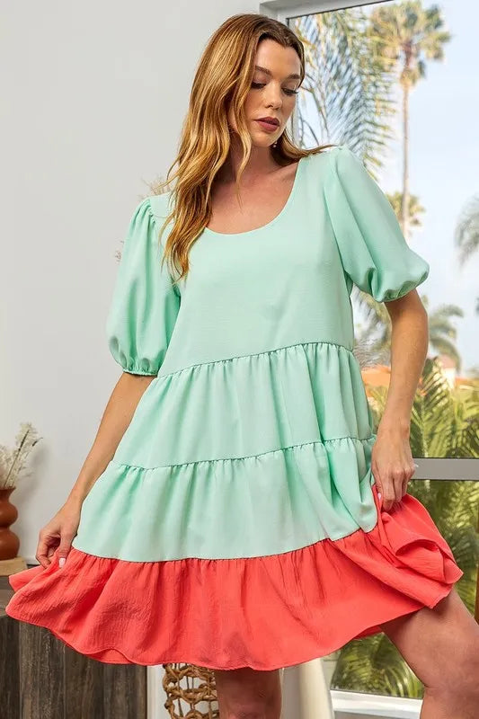 women's bibi two-tone balloon sleeves u neck tiered ruffle hem mini dress - styling option
