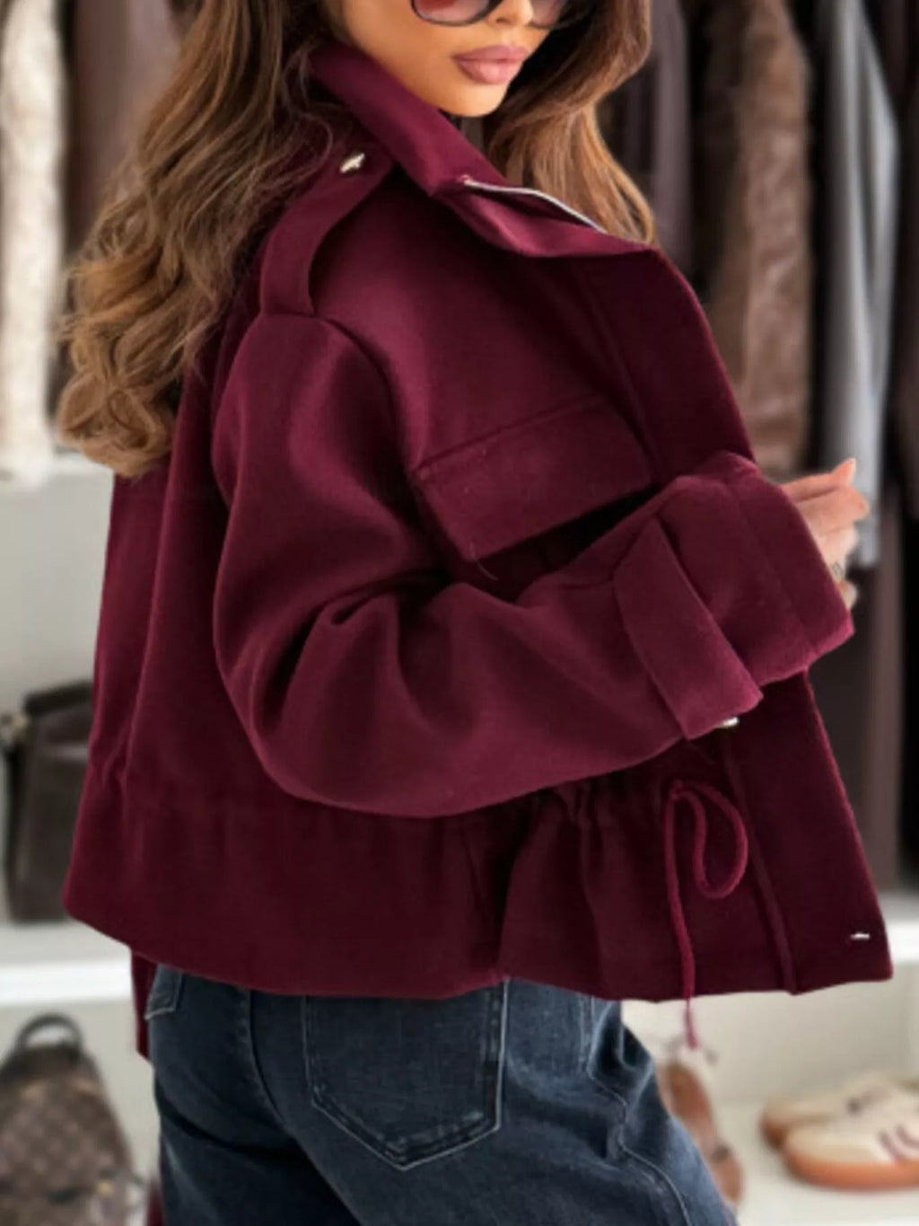 women's drawstring button-up casual jacket - styling option