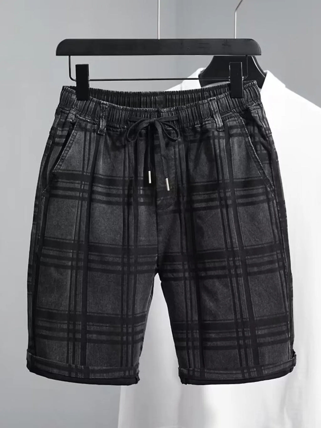 men's men's plus size plaid pattern elastic waist denim shorts - front view