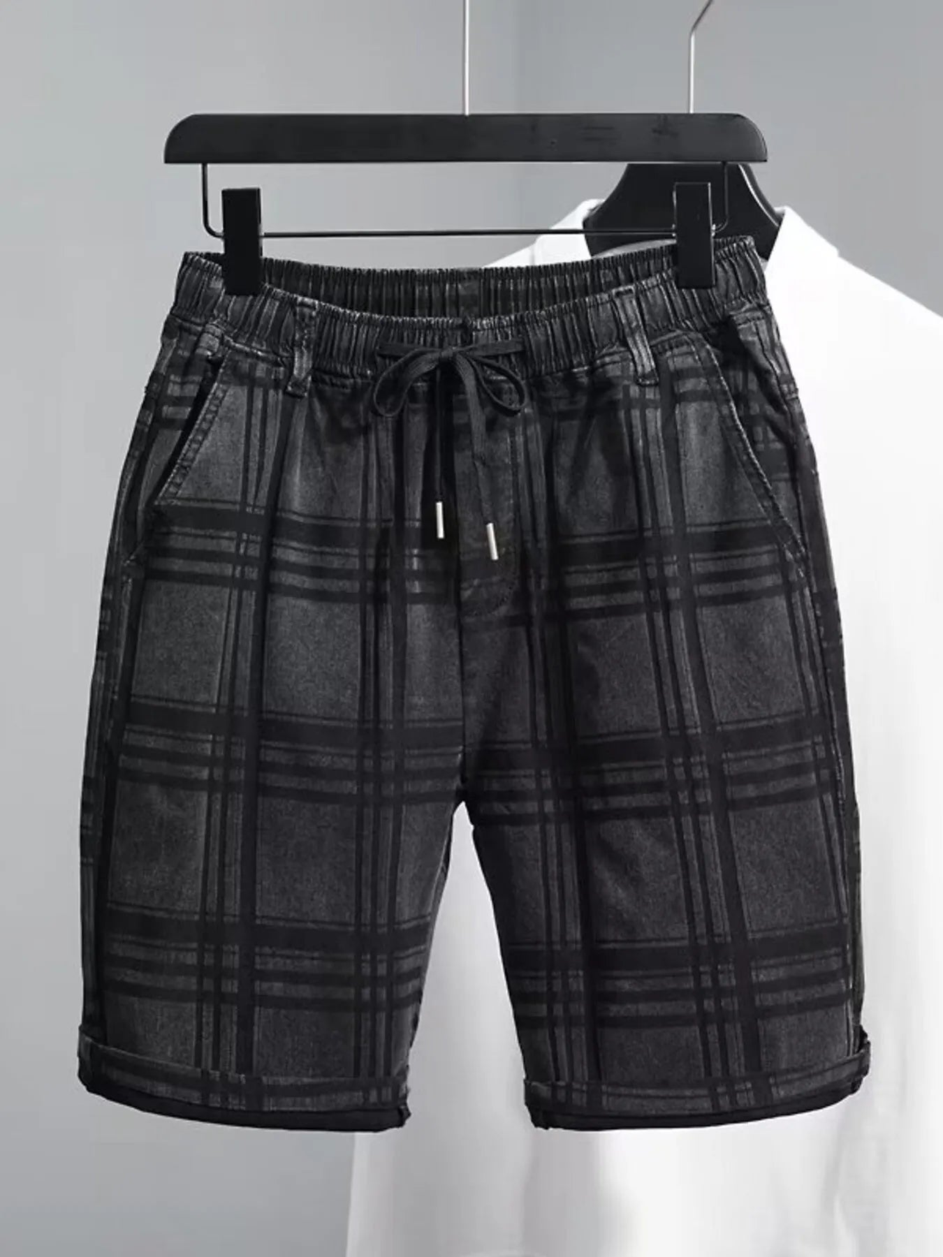 men's men's plus size plaid pattern elastic waist denim shorts - front view