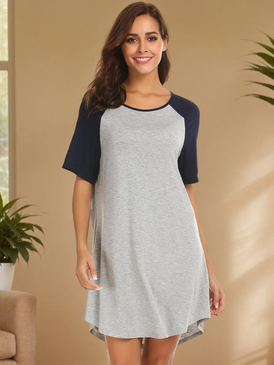 Round Neck Short Sleeve Contrast Lounge Dress Light Gray