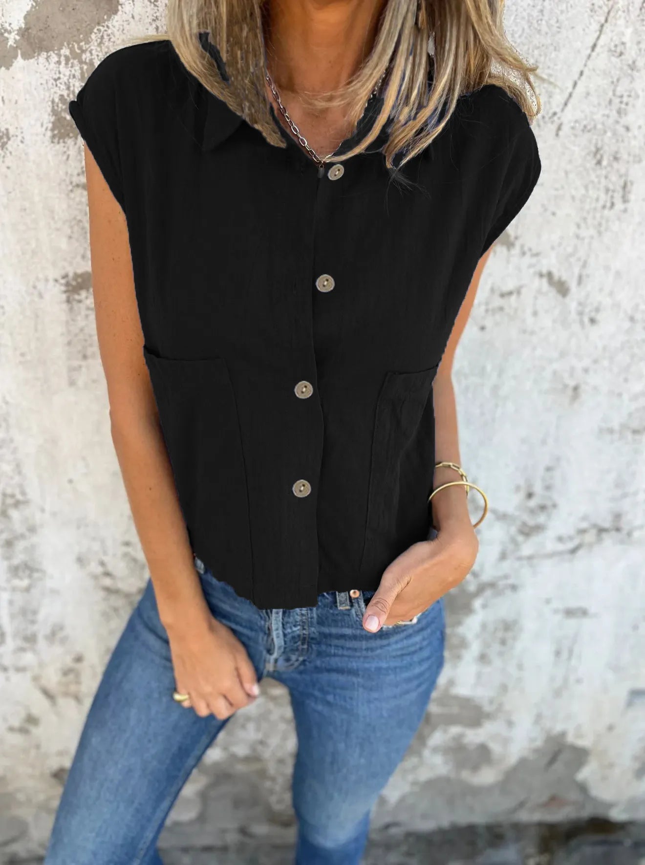 Full Size Button Down Cap Sleeve Linen Shirt Plus Size Black