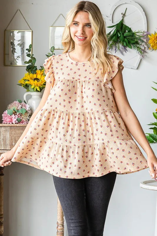 Heimish Full Size Butterfly Short Sleeve Round Neck Ditsy Floral Print Tiered Top Plus Size