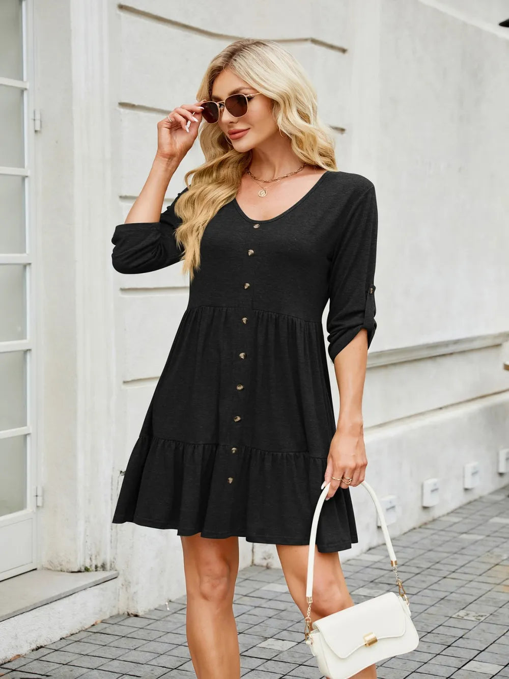 Tiered Ruched V-Neck Mini Dress