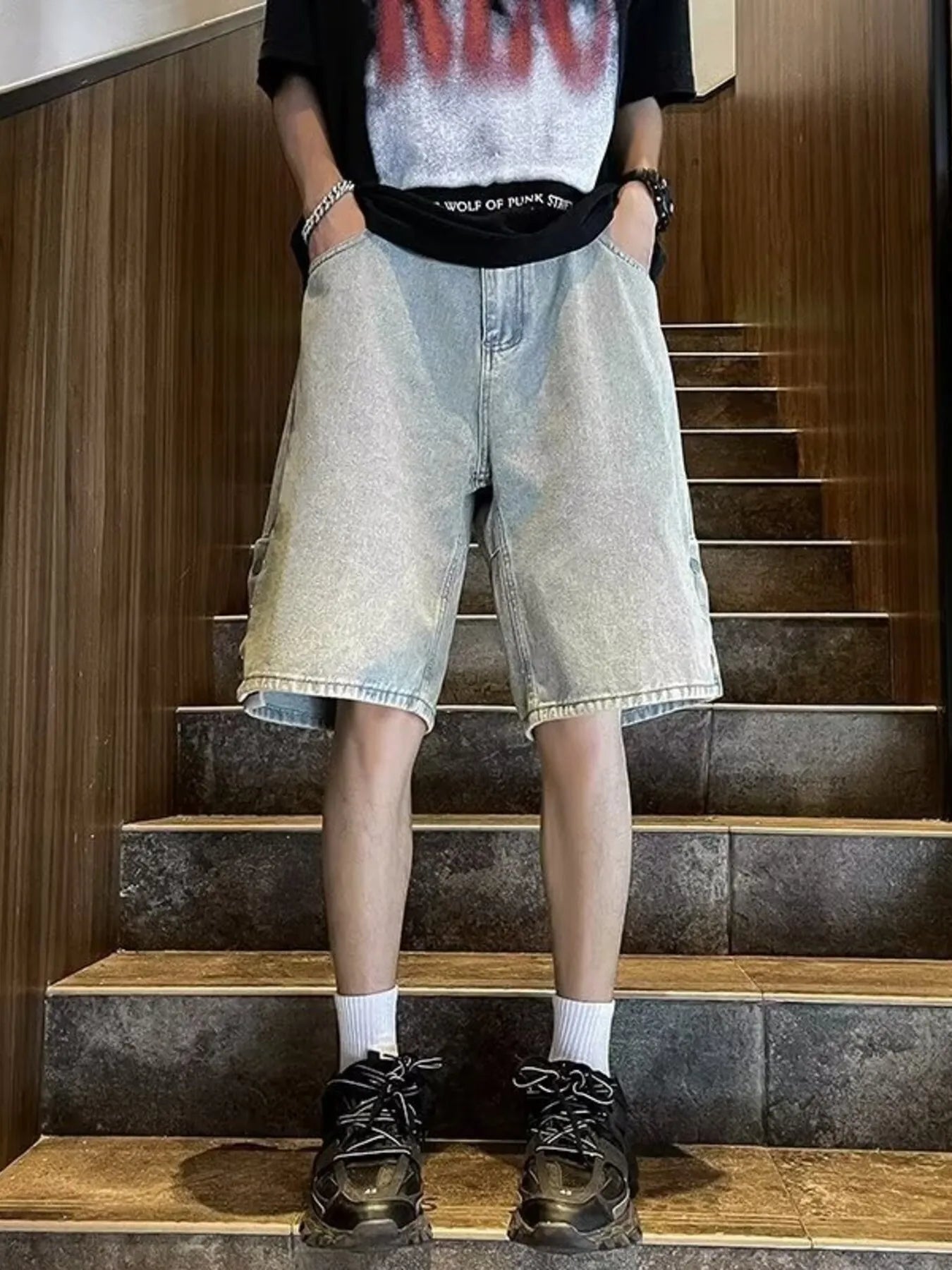 men's men's plus size loose fit wash denim shorts - main product image