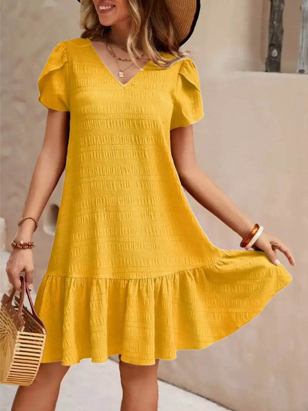 women's v-neck ruffle hem textured mini dress - additional image