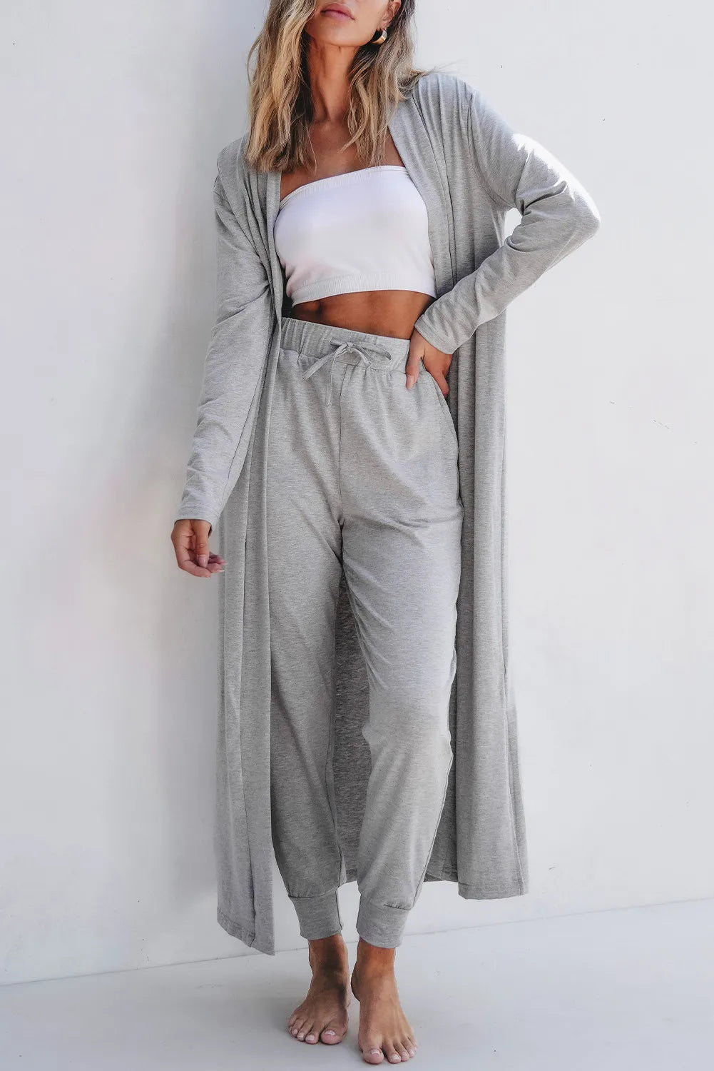 Open Front Long Sleeve Cardigan and Pants Lounge Set Gray