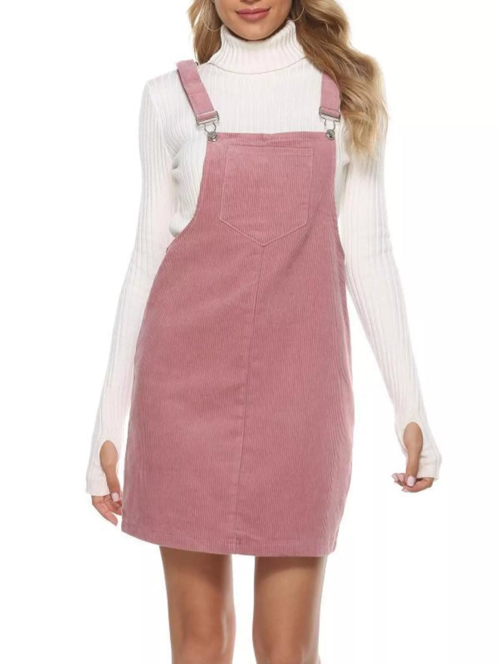 women's corduroy wide strap overall dress - styled view