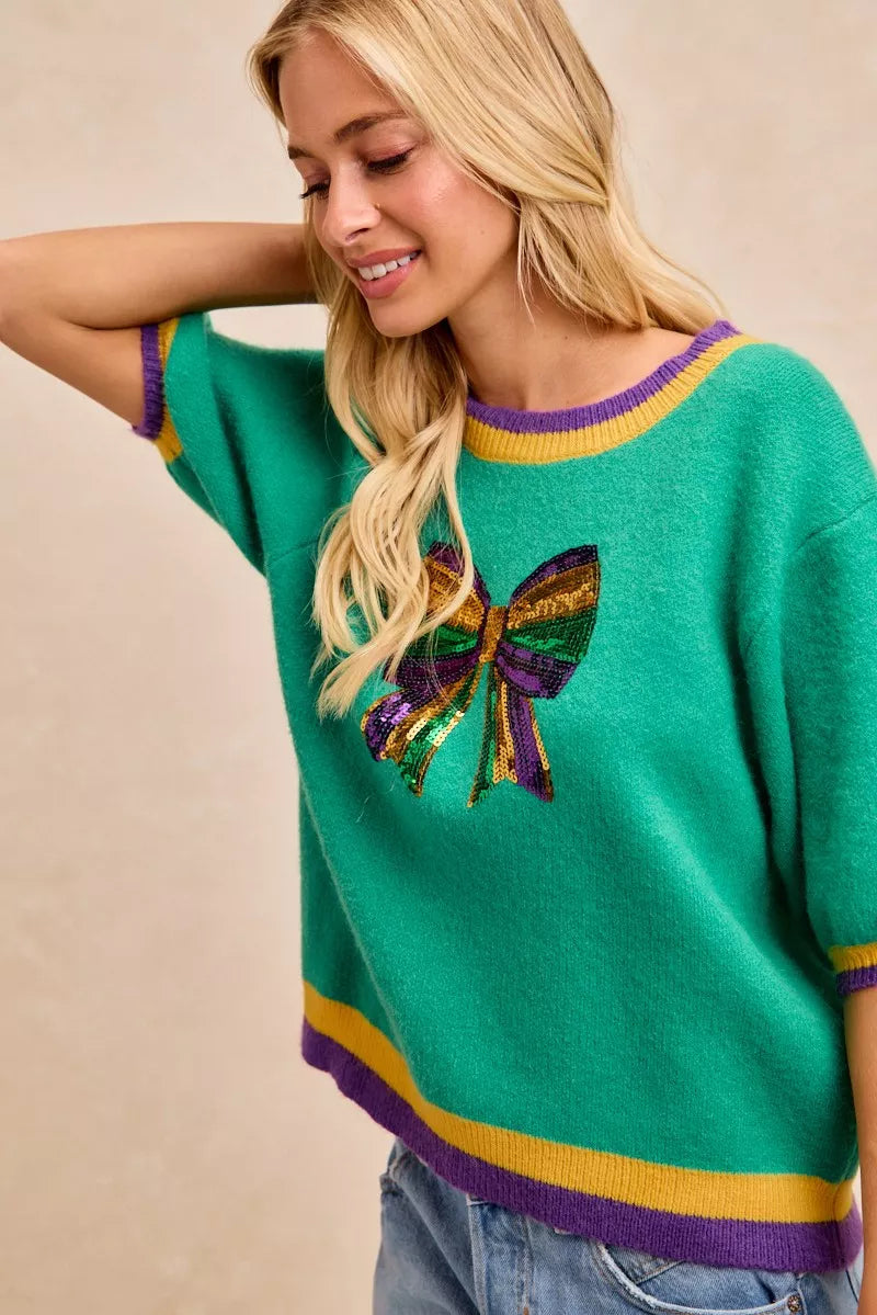 women's bibi mardi gras sequin ribbon patched sweater - additional image