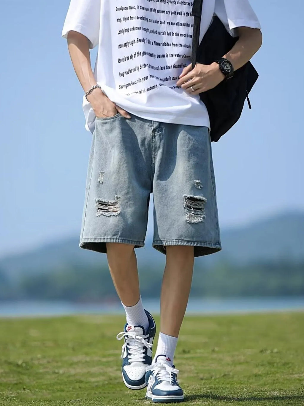 men's men's full size casual loose fit ripped denim shorts plus size - styled view
