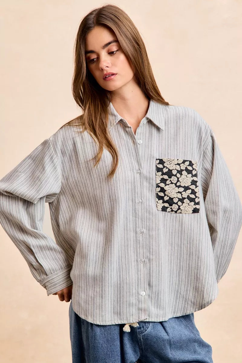 women's bibi flower jacquard knit patch pocket stripe shirt - styling option
