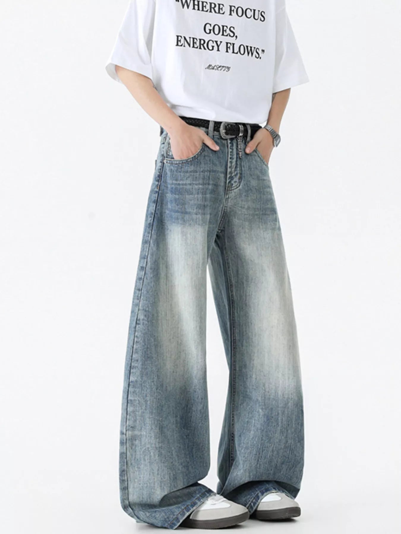 men's men's vintage wash wide leg jeans - additional angle