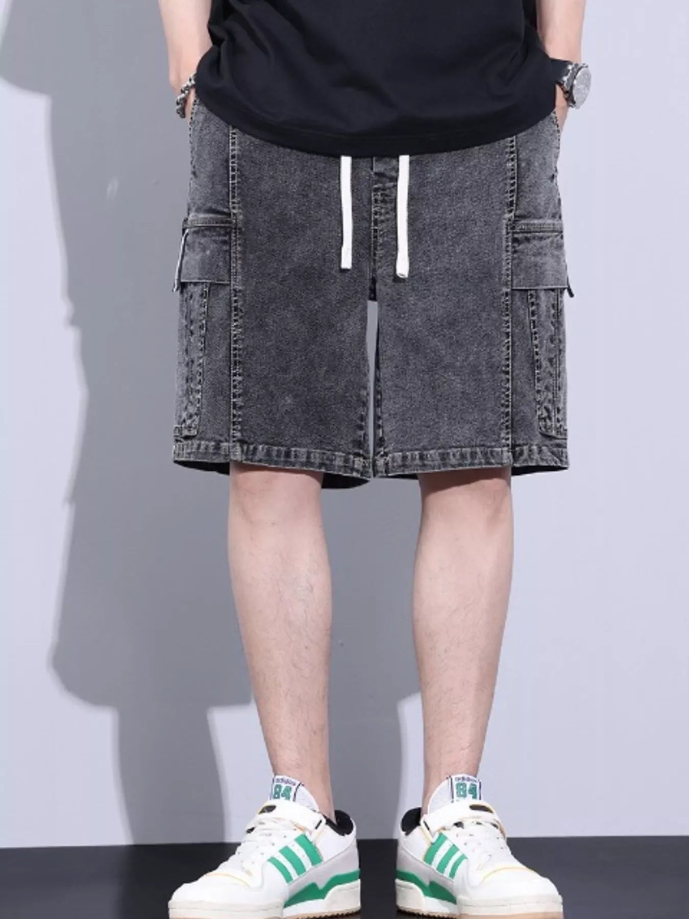 men's men's plus size vintage wash cargo denim shorts - product showcase
