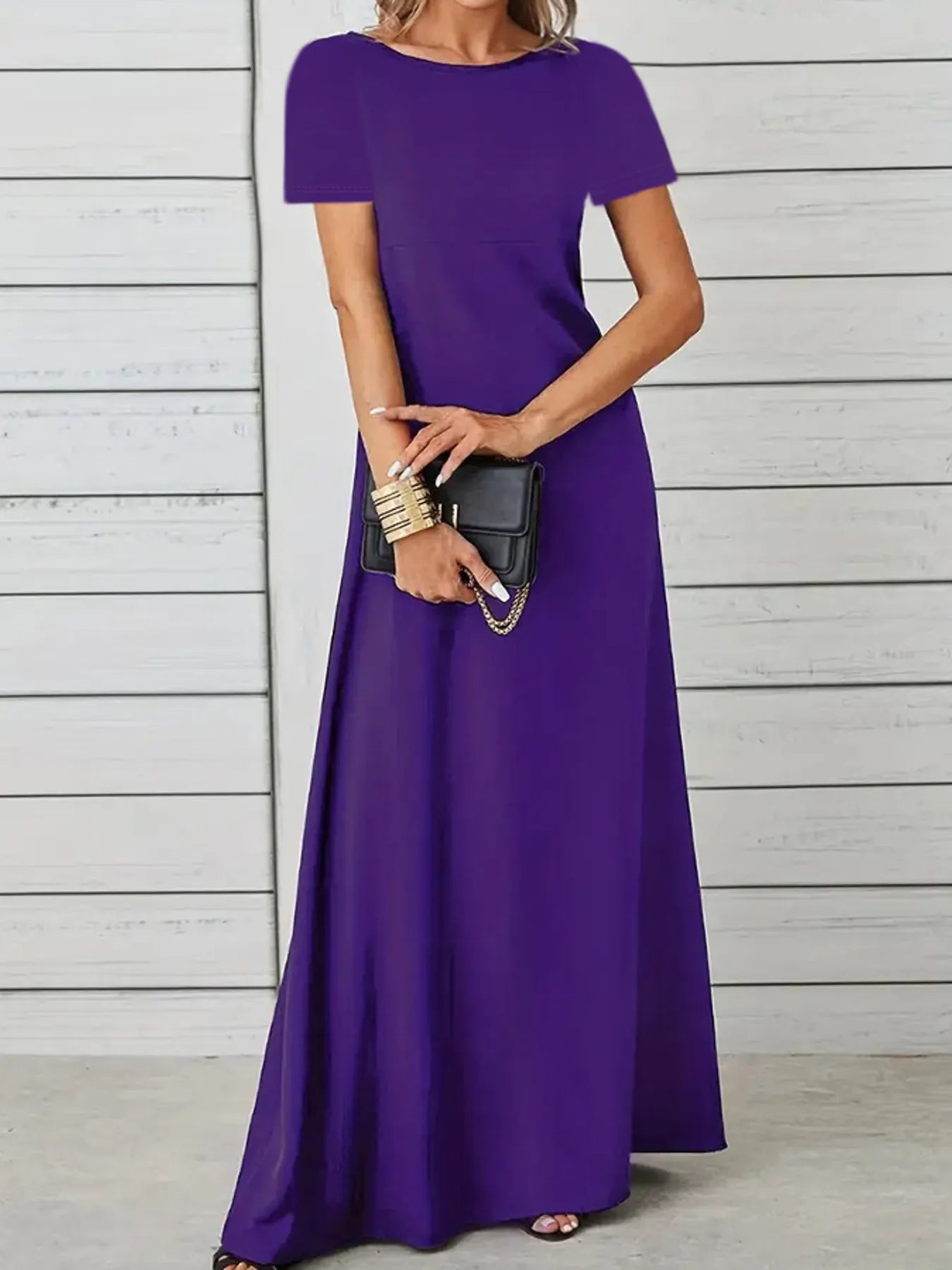 Full Size Round Neck Short Sleeve A-Line Maxi Dress Plus Size Purple