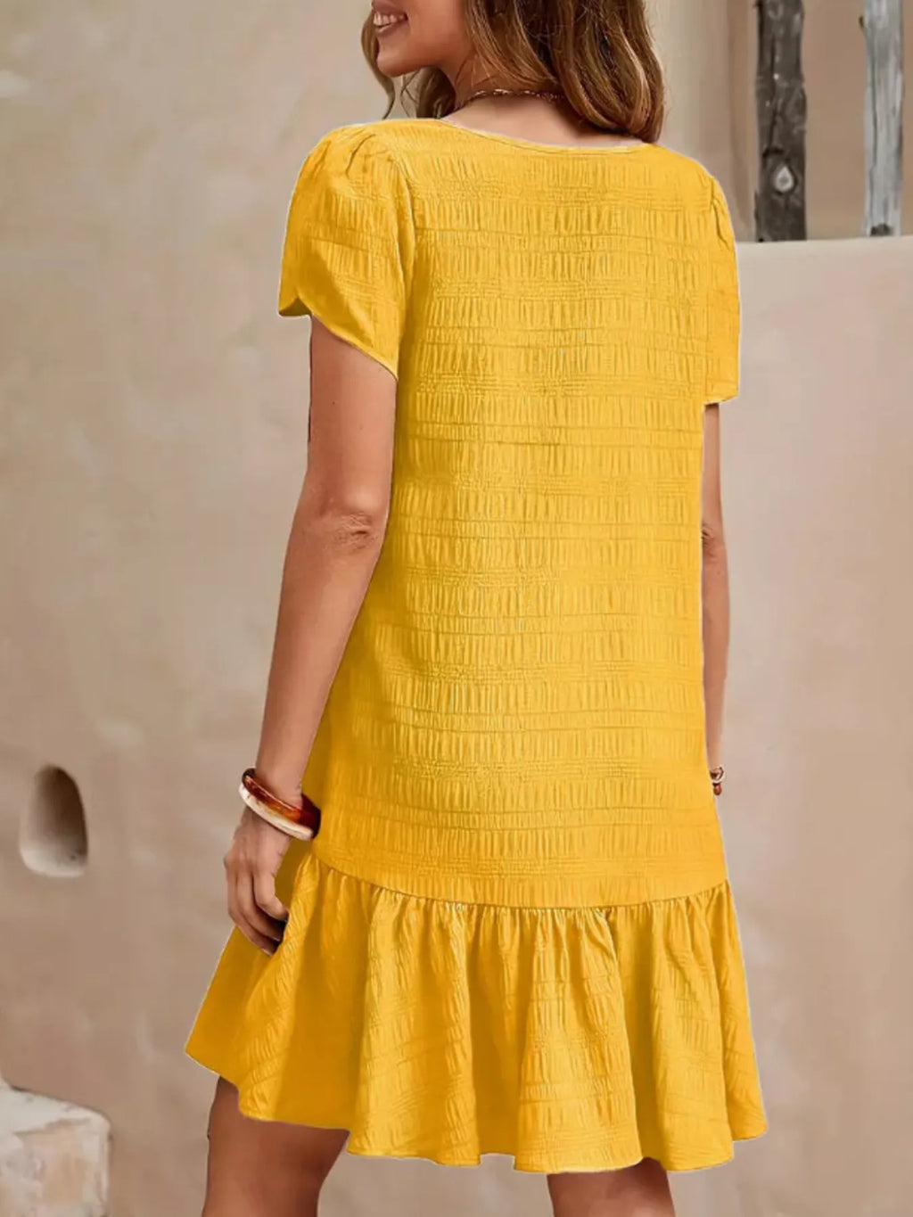 women's v-neck ruffle hem textured mini dress - product detail