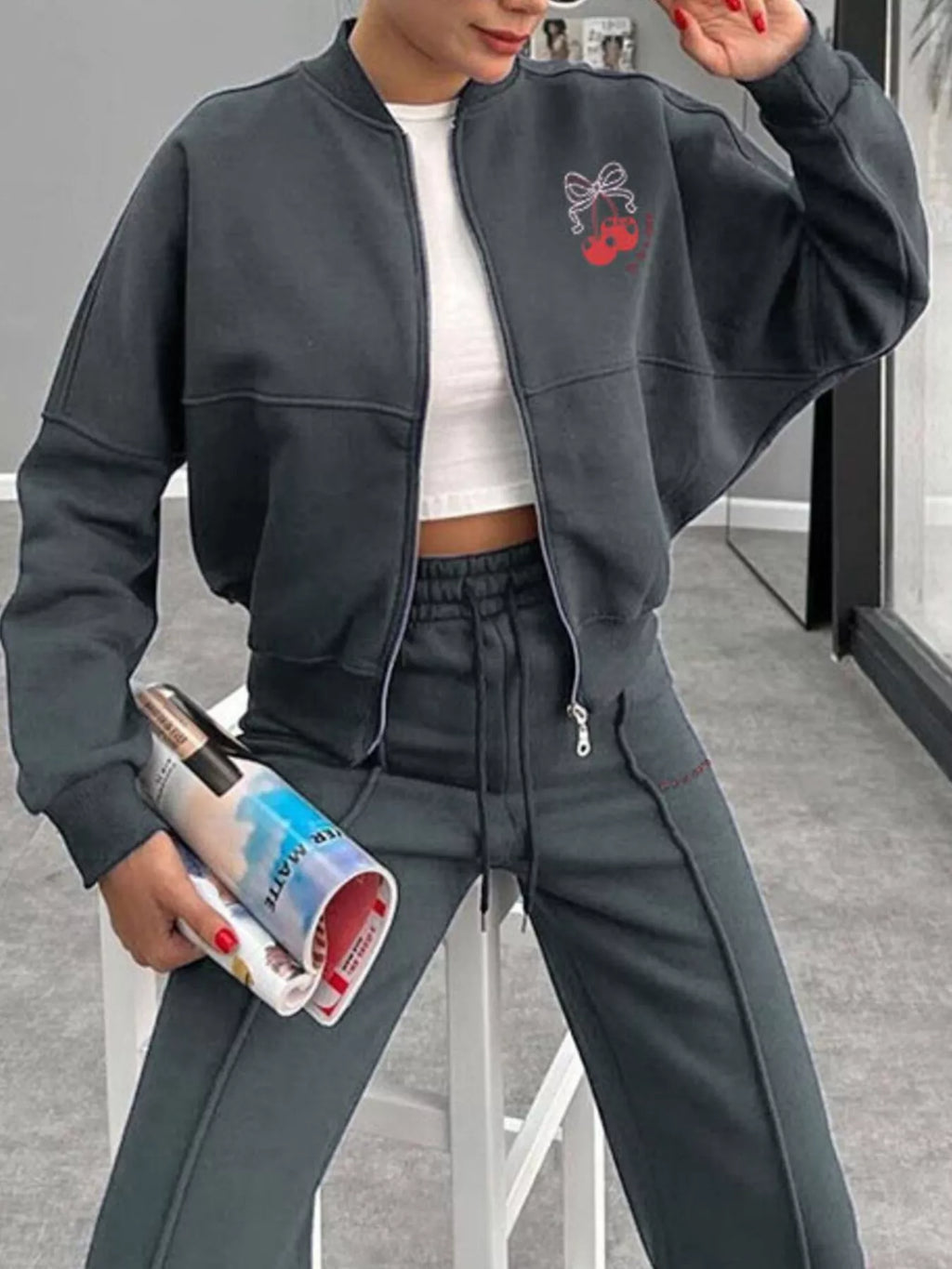 women's zip up dropped shoulder outerwear and pants set - product detail