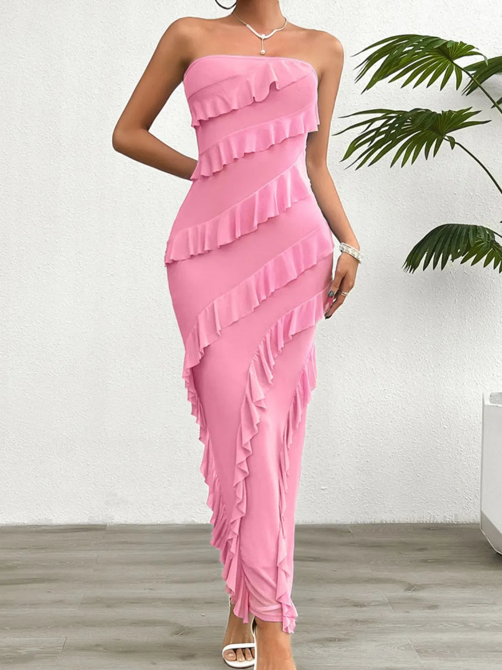 Devine Ruffled Slit Back Tube Maxi Dress Pink