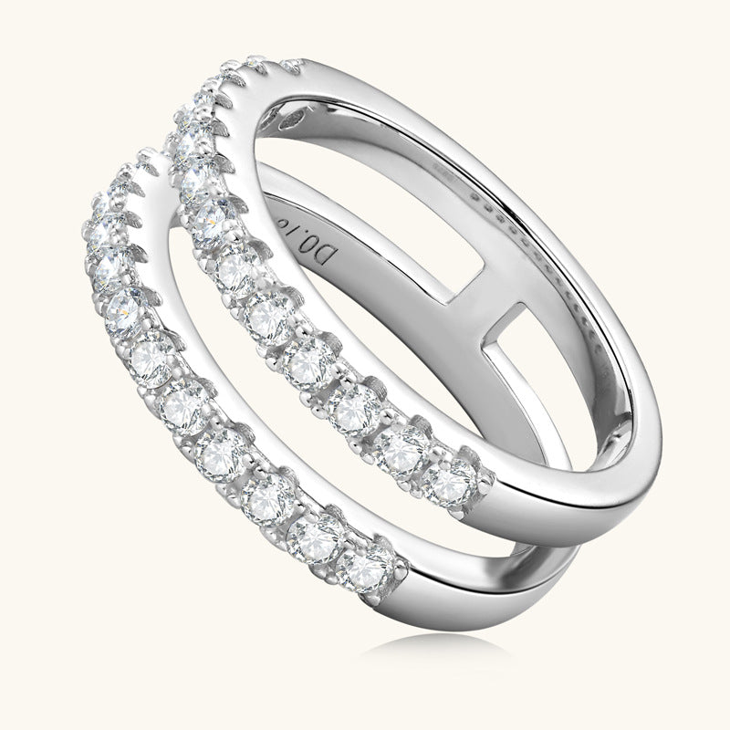 moissanite old european cut cushion cut moissanite 925 Sterling Silver Moissanite Double Layered Ring in Silver, Gold, size 6, 7, 8, 9, 10, 4, 5, shown in top view highlighting gemstone detail