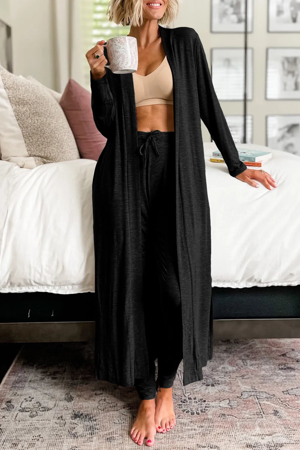 Open Front Long Sleeve Cardigan and Pants Lounge Set Black