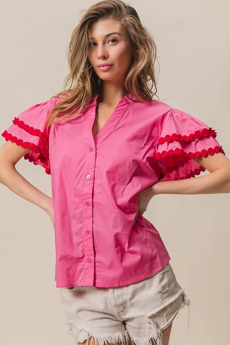 bibi dot trim flutter sleeve notched top shown as women’s outerwear