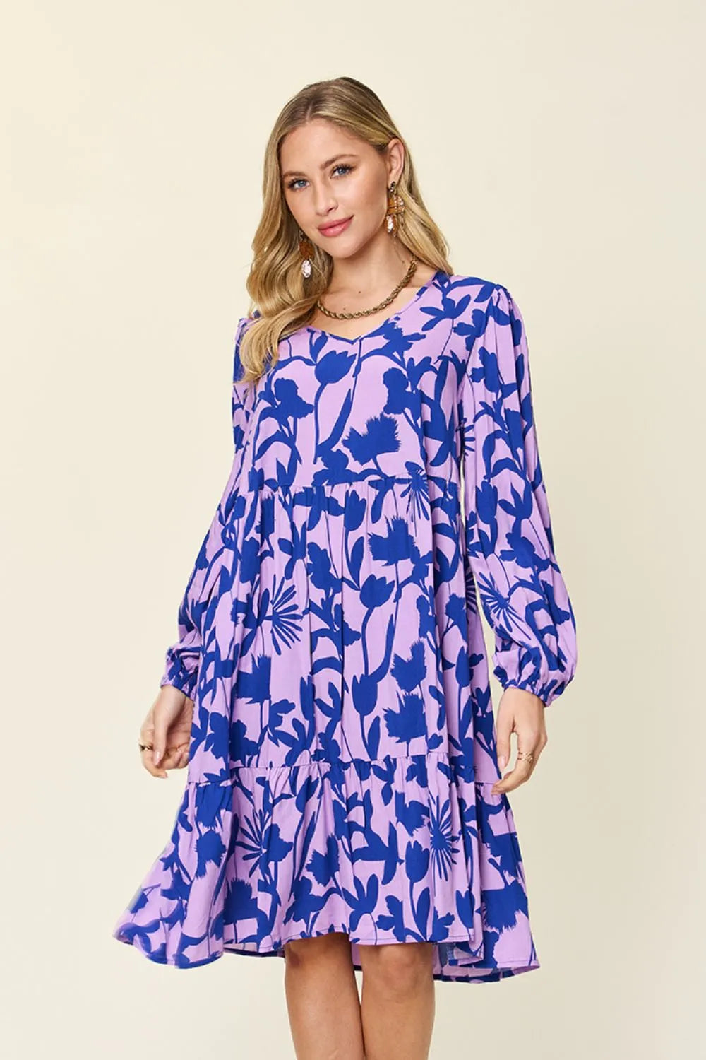 Double Take Full Size Printed Ruffle Hem Dress with Pocket Lavender