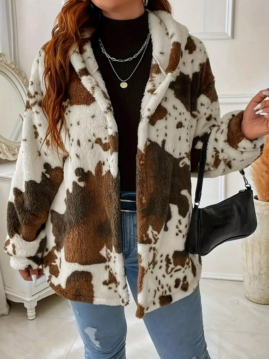women's cow print plush hooded outerwear - front view