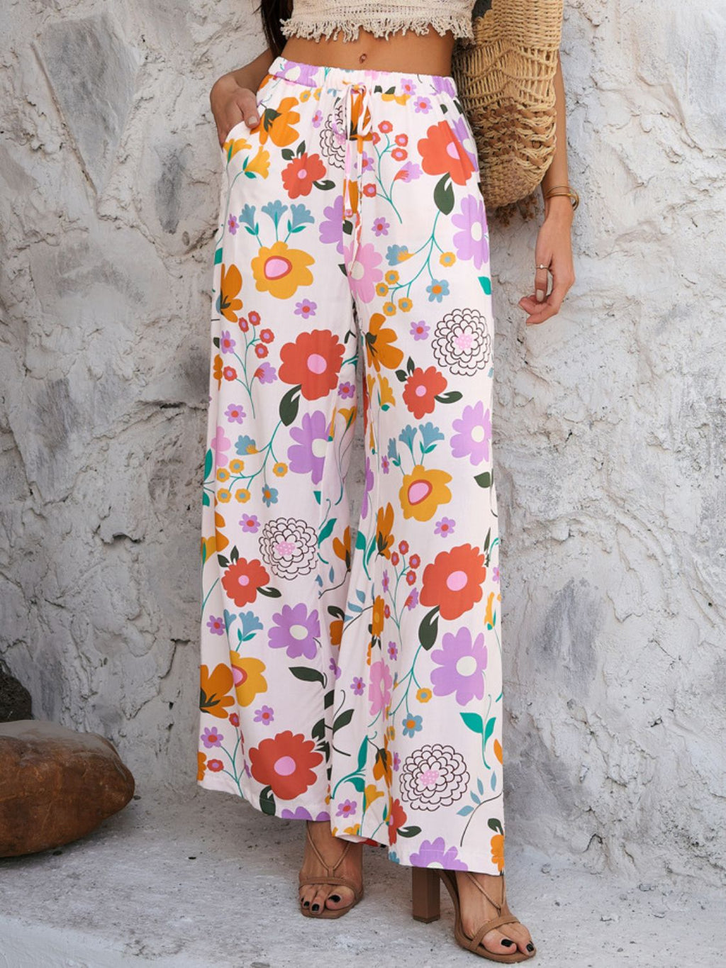 Devine Drawstring Printed Wide Leg Pants