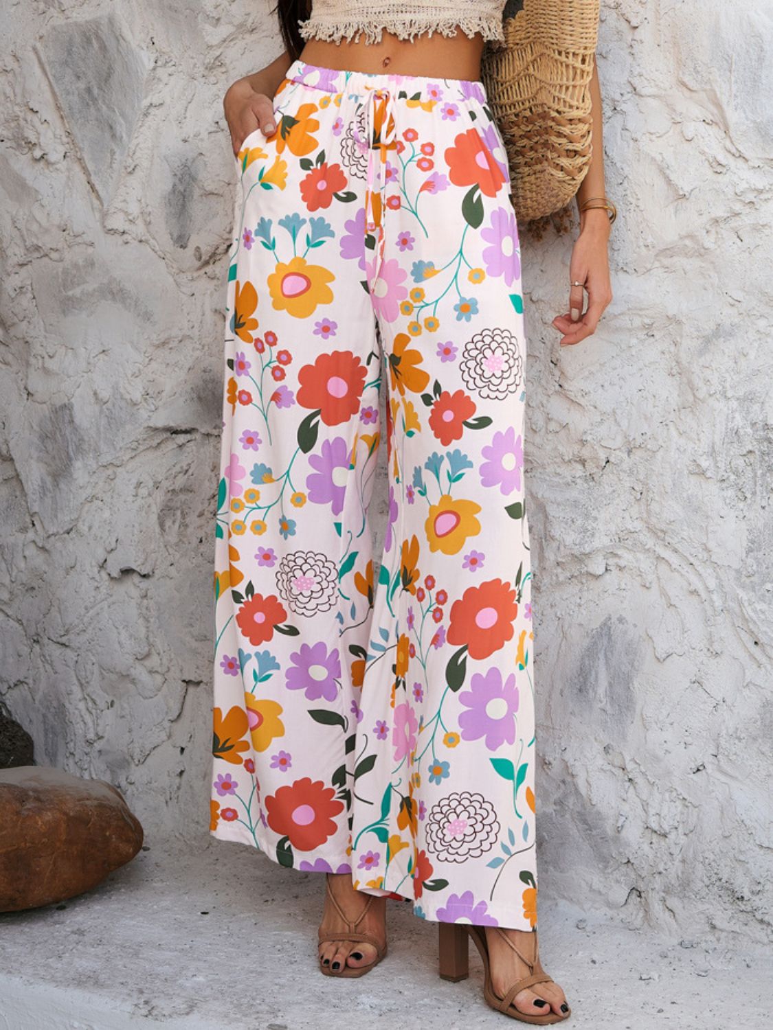 Devine Drawstring Printed Wide Leg Pants