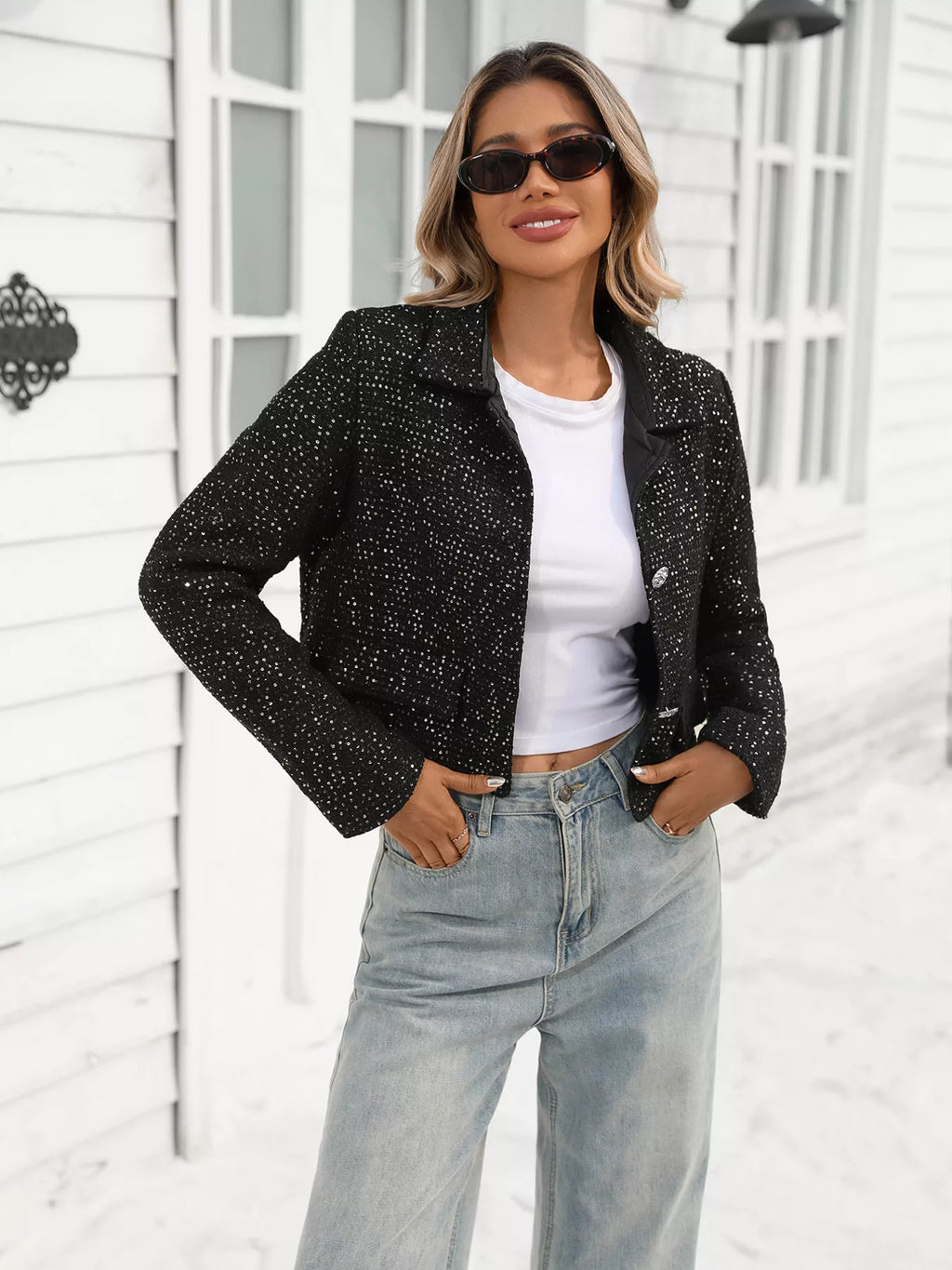 women's tweed button up cropped jacket - styled view